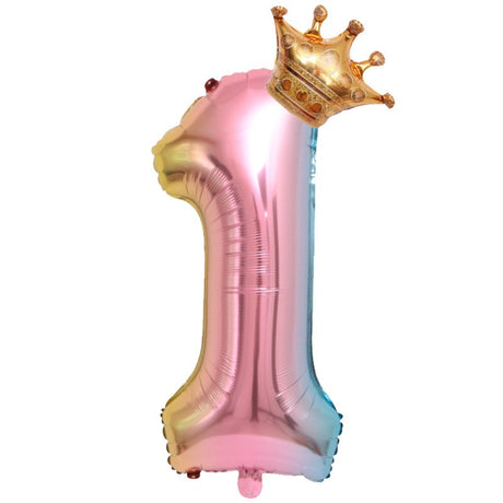 Balon Din Folie Metalizata, Figurina Cifra Gradient, Tema Aniversare 80 Cm, Ambalaj Individual, Pai Inclus, Umflare Cu Aer Sau Heliu, Coronita, Cifra 1 - vivimall.ro