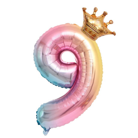 Balon din Folie Metalizata, Vivimall, Figurina Cifra Gradient, Tema Aniversare 80 cm, Ambalaj Individual, Pai inclus, Umflare cu Aer sau Heliu, Coronita, Cifra 9 - vivimall.ro