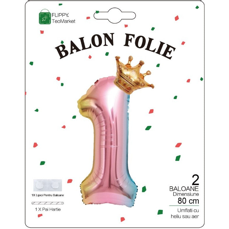 Balon din Folie Metalizata, Vivimall, Figurina Cifra Gradient, Tema Aniversare 80 cm, Ambalaj Individual, Pai inclus, Umflare cu Aer sau Heliu, Coronita, Cifra 1 - vivimall.ro
