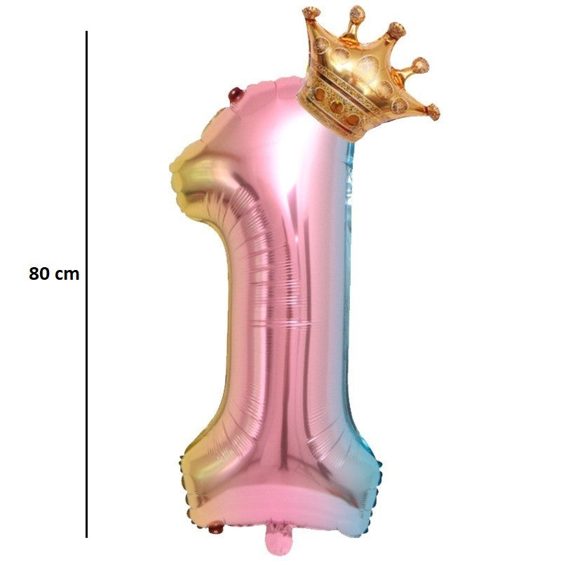 Balon Din Folie Metalizata, Figurina Cifra Gradient, Tema Aniversare 80 Cm, Ambalaj Individual, Pai Inclus, Umflare Cu Aer Sau Heliu, Coronita, Cifra 1 - vivimall.ro