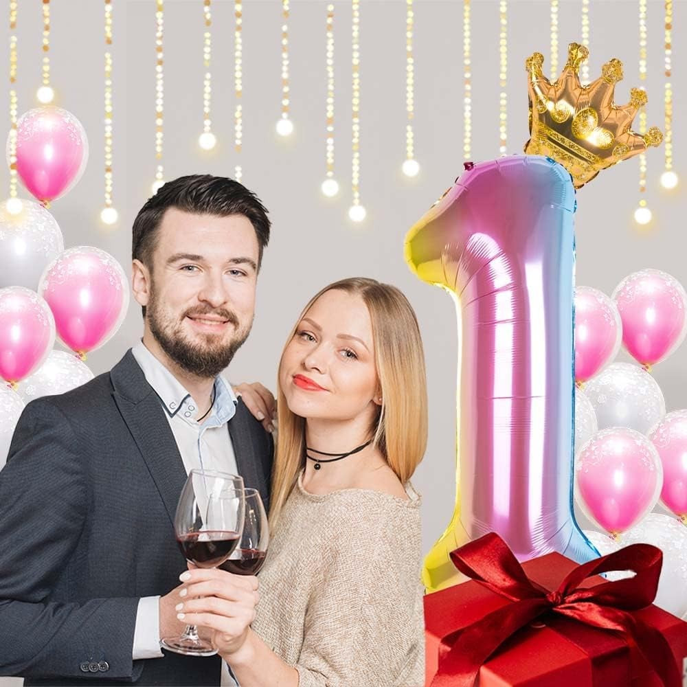 Balon din Folie Metalizata, Vivimall, Figurina Cifra Gradient, Tema Aniversare 80 cm, Ambalaj Individual, Pai inclus, Umflare cu Aer sau Heliu, Coronita, Cifra 1 - vivimall.ro