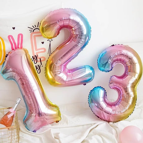 Balon din Folie Metalizata Gradient Vivimall, Figurina Cifra, Tema Aniversare 100 cm, Ambalaj Individual, Pai inclus, Umflare cu Aer sau Heliu, Multicolor, Cifra 2