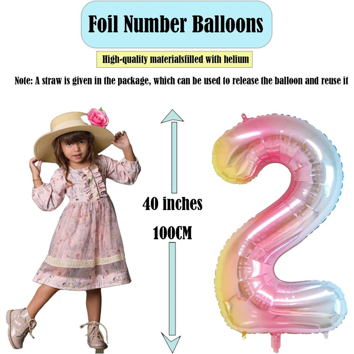 Balon din Folie Metalizata Gradient Vivimall, Figurina Cifra, Tema Aniversare 100 cm, Ambalaj Individual, Pai inclus, Umflare cu Aer sau Heliu, Multicolor, Cifra 2