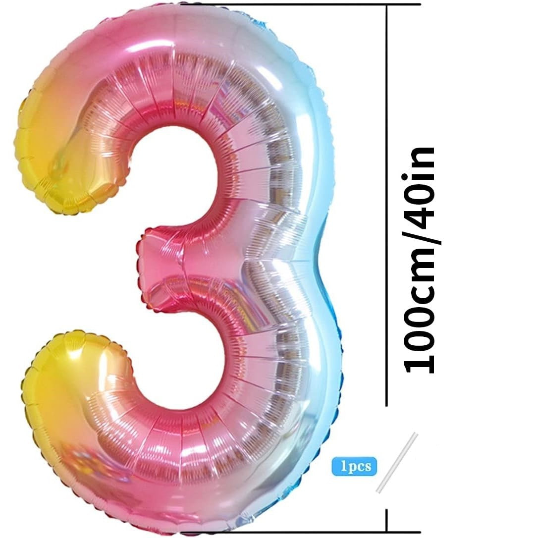 Balon Din Folie Metalizata Gradient Figurina Cifra, Tema Aniversare 100 Cm, Ambalaj Individual, Pai Inclus, Umflare Cu Aer Sau Heliu, Cifra 3 - vivimall.ro