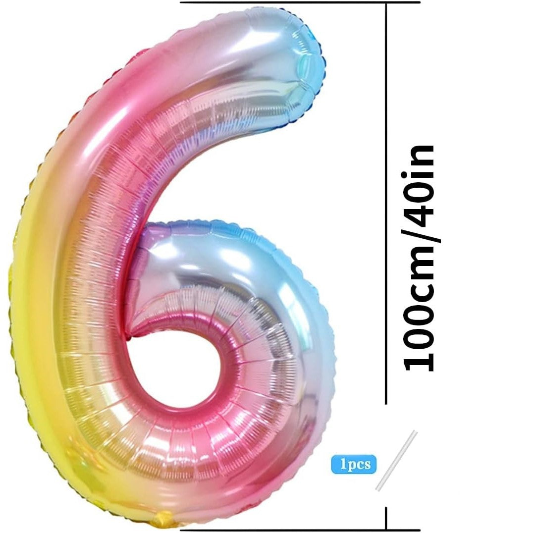 Balon din Folie Metalizata Gradient Vivimall, Figurina Cifra, Tema Aniversare 100 cm, Ambalaj Individual, Pai inclus, Umflare cu Aer sau Heliu, Multicolor, Cifra 6