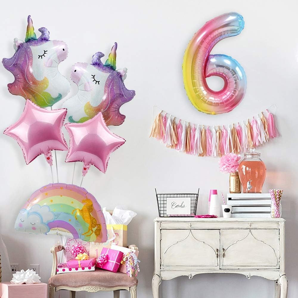Balon din Folie Metalizata Gradient Vivimall, Figurina Cifra, Tema Aniversare 100 cm, Ambalaj Individual, Pai inclus, Umflare cu Aer sau Heliu, Multicolor, Cifra 6