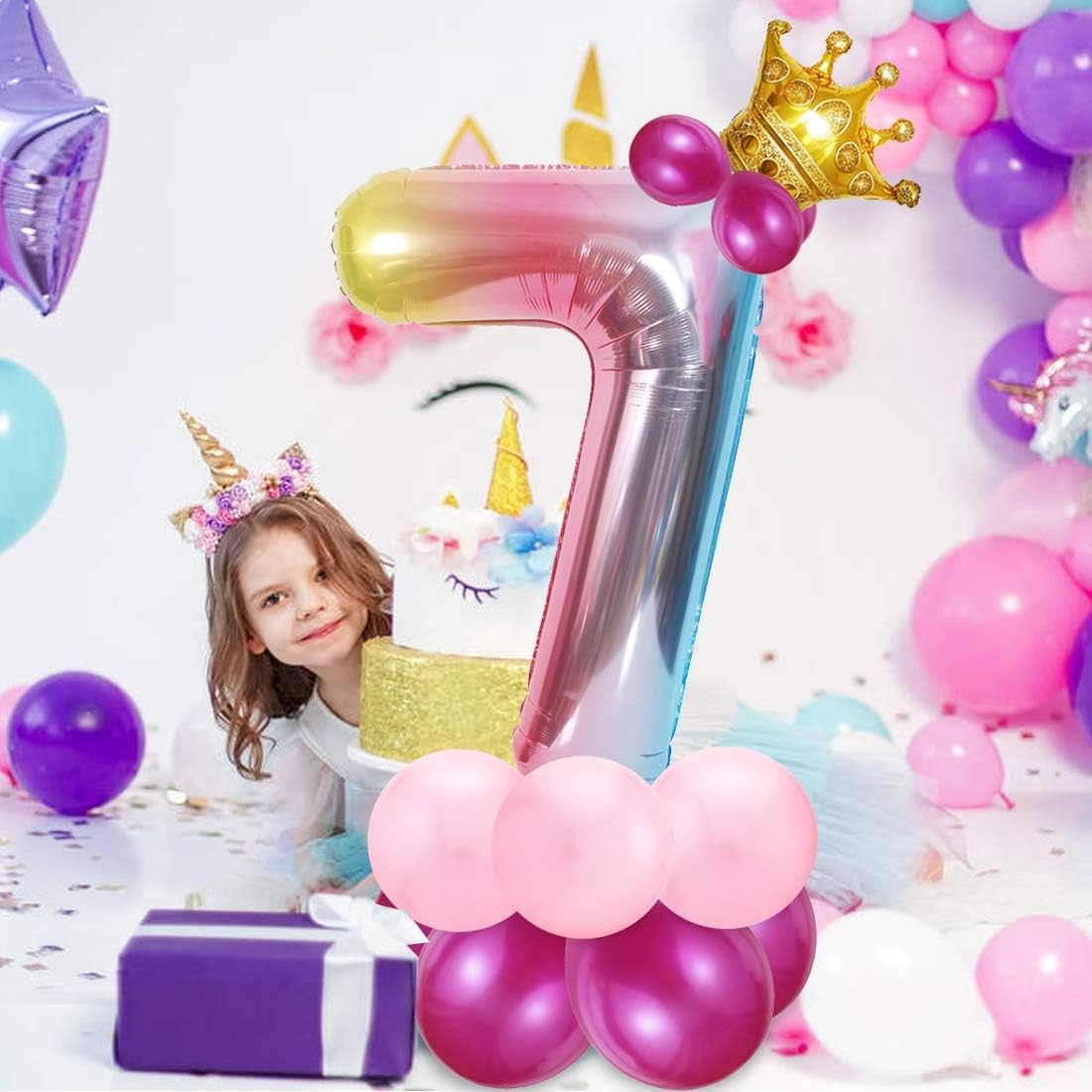 Balon din Folie Metalizata Gradient Vivimall, Figurina Cifra, Tema Aniversare 100 cm, Ambalaj Individual, Pai inclus, Umflare cu Aer sau Heliu, Multicolor, Cifra 7