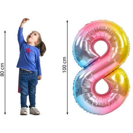 Balon din Folie Metalizata Gradient Vivimall, Figurina Cifra, Tema Aniversare 100 cm, Ambalaj Individual, Pai inclus, Umflare cu Aer sau Heliu, Multicolor, Cifra 8