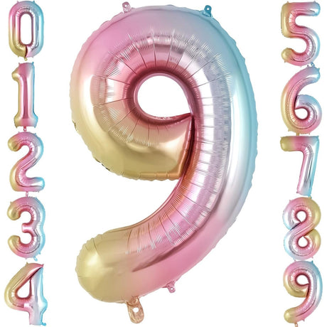 Balon Din Folie Metalizata Gradient Figurina Cifra, Tema Aniversare 100 Cm, Ambalaj Individual, Pai Inclus, Umflare Cu Aer Sau Heliu, Cifra 9 - vivimall.ro
