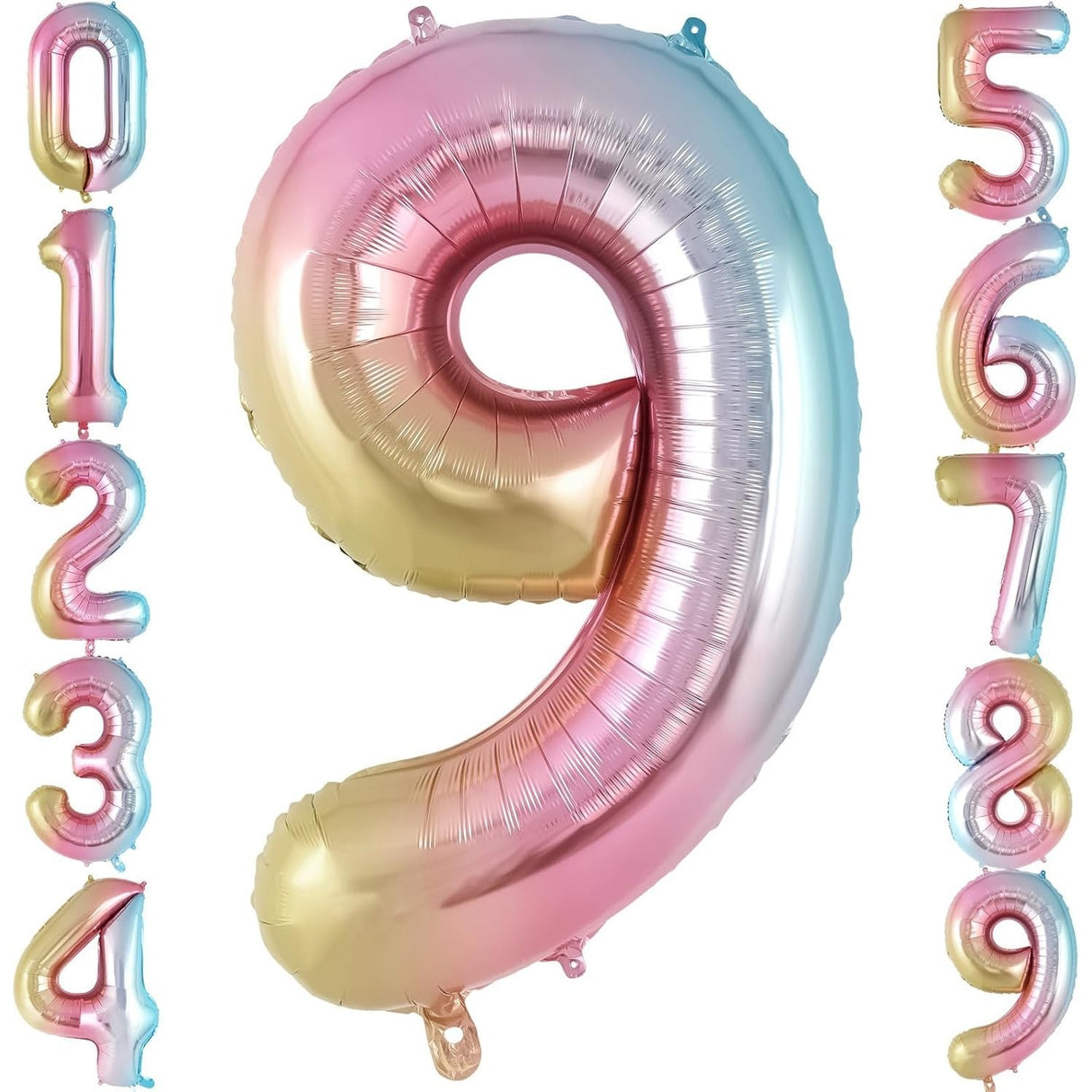 Balon din Folie Metalizata Gradient Vivimall, Figurina Cifra, Tema Aniversare 100 cm, Ambalaj Individual, Pai inclus, Umflare cu Aer sau Heliu, Multicolor, Cifra 9