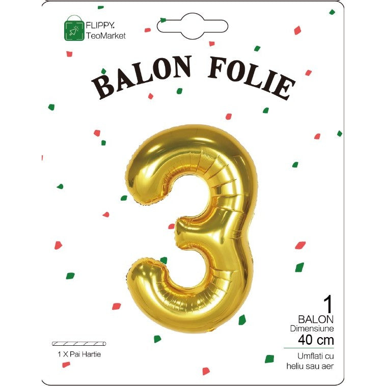 Balon Din Folie Metalizata Figurina Cifra, Tema Aniversare 40 Cm, Ambalaj Individual, Pai Inclus, Umflare Cu Aer Sau Heliu, Cifra 3 - vivimall.ro