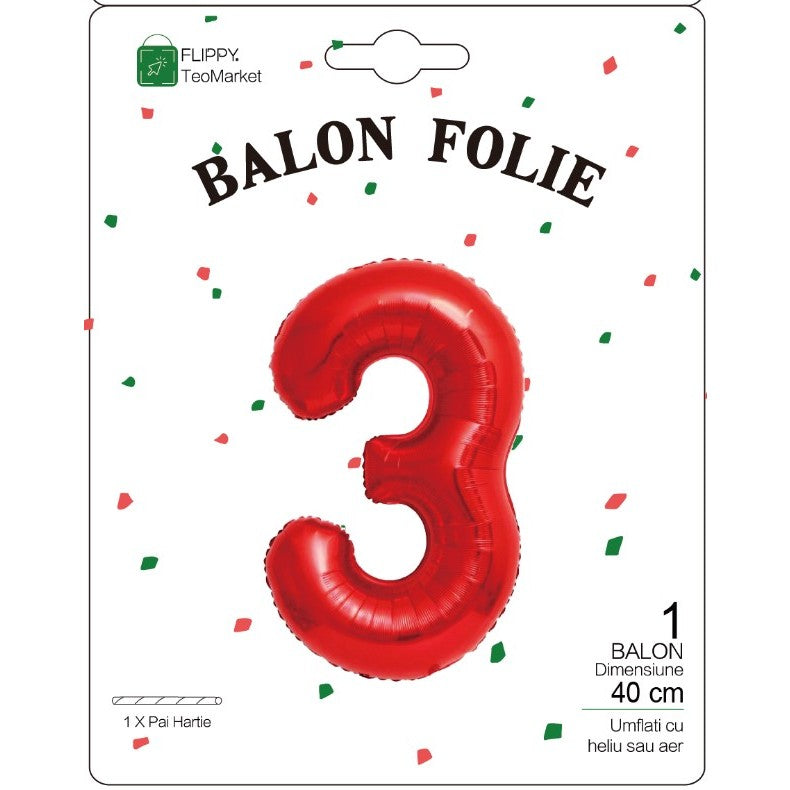 Balon Din Folie Metalizata Figurina Cifra, Tema Aniversare 40 Cm, Ambalaj Individual, Pai Inclus, Umflare Cu Aer Sau Heliu, Cifra 3 - vivimall.ro