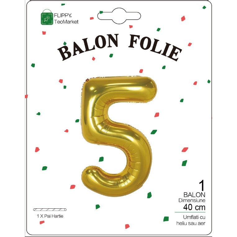 Balon Din Folie Metalizata Figurina Cifra, Tema Aniversare 40 Cm, Ambalaj Individual, Pai Inclus, Umflare Cu Aer Sau Heliu, Cifra 5 - vivimall.ro
