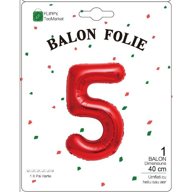 Balon Din Folie Metalizata Figurina Cifra, Tema Aniversare 40 Cm, Ambalaj Individual, Pai Inclus, Umflare Cu Aer Sau Heliu, Cifra 5 - vivimall.ro