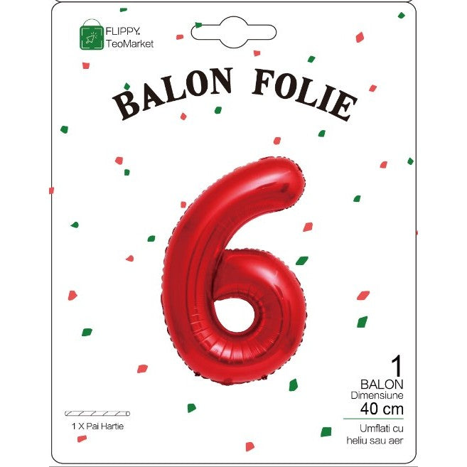 Balon Din Folie Metalizata Figurina Cifra, Tema Aniversare 40 Cm, Ambalaj Individual, Pai Inclus, Umflare Cu Aer Sau Heliu, Cifra 6 - vivimall.ro