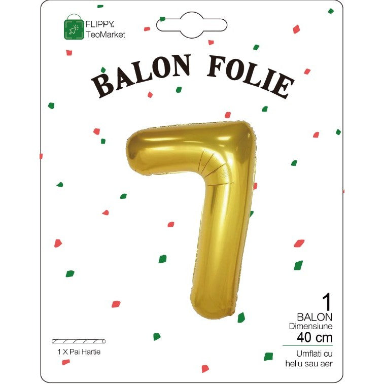 Balon Din Folie Metalizata Figurina Cifra, Tema Aniversare 40 Cm, Ambalaj Individual, Pai Inclus, Umflare Cu Aer Sau Heliu, Cifra 7 - vivimall.ro