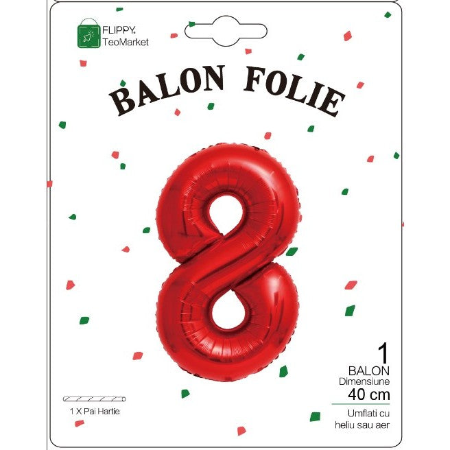 Balon Din Folie Metalizata Figurina Cifra, Tema Aniversare 40 Cm, Ambalaj Individual, Pai Inclus, Umflare Cu Aer Sau Heliu, Cifra 8 - vivimall.ro