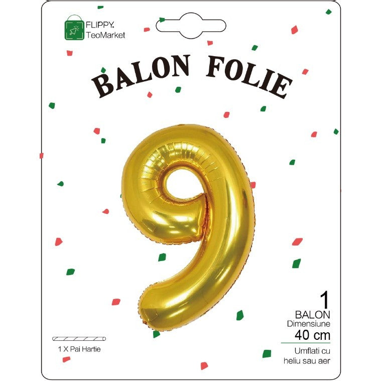 Balon Din Folie Metalizata Figurina Cifra, Tema Aniversare 40 Cm, Ambalaj Individual, Pai Inclus, Umflare Cu Aer Sau Heliu, Cifra 9 - vivimall.ro