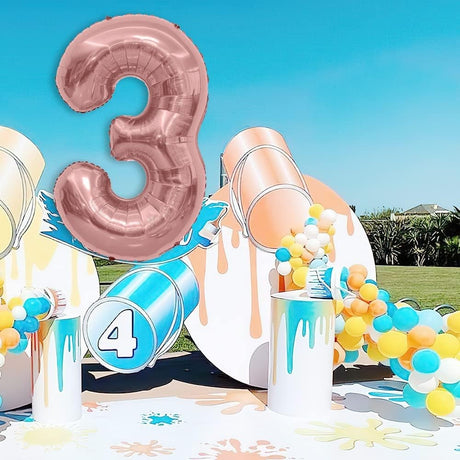 Balon Din Folie Metalizata Figurina Cifra, Tema Aniversare 40 Cm, Ambalaj Individual, Pai Inclus, Umflare Cu Aer Sau Heliu, Rose Gold, Cifra 3 - vivimall.ro