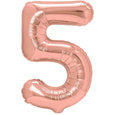 Balon Din Folie Metalizata Figurina Cifra, Tema Aniversare 40 Cm, Ambalaj Individual, Pai Inclus, Umflare Cu Aer Sau Heliu, Rose Gold, Cifra 5 - vivimall.ro