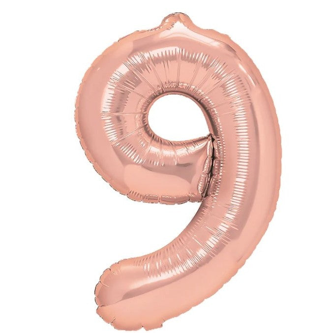Balon Din Folie Metalizata Figurina Cifra, Tema Aniversare 40 Cm, Ambalaj Individual, Pai Inclus, Umflare Cu Aer Sau Heliu, Rose Gold, Cifra 9 - vivimall.ro