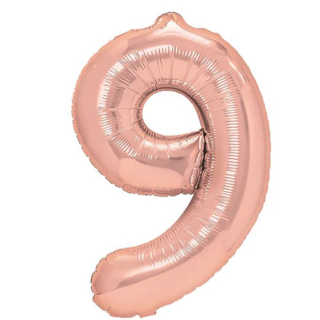 Balon Din Folie Metalizata Figurina Cifra, Tema Aniversare 40 Cm, Ambalaj Individual, Pai Inclus, Umflare Cu Aer Sau Heliu, Rose Gold, Cifra 9 - vivimall.ro