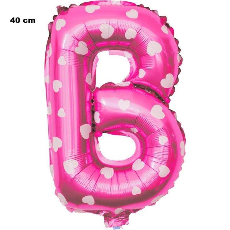Balon Folie Metalizata Litera B, Vivimall, 40 cm, Cu Imprimeu Inimioare, Umflati cu Heliu sau Aer, Ambalaj Individual, Pai inclus, Roz - vivimall.ro
