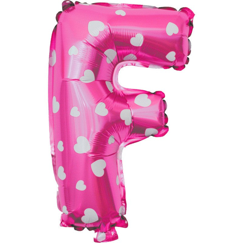 Balon Folie Metalizata Litera F, Vivimall, 40 cm, Cu Imprimeu Inimioare, Umflati cu Heliu sau Aer, Ambalaj Individual, Pai inclus, Roz - vivimall.ro
