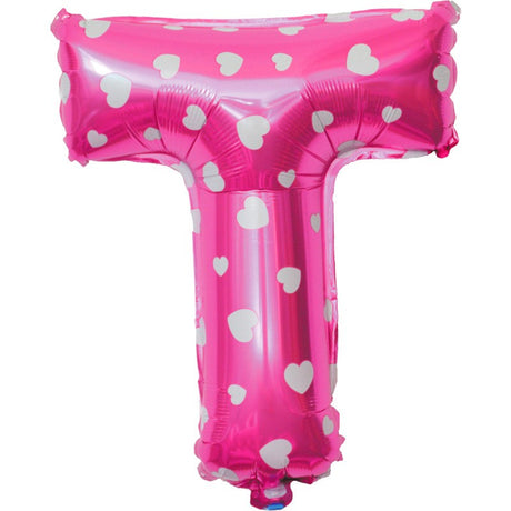 Balon Folie Metalizata Litera T, Vivimall, 40 cm, Cu Imprimeu Inimioare, Umflati cu Heliu sau Aer, Ambalaj Individual, Pai inclus, Roz - vivimall.ro