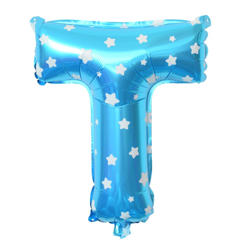 Balon Folie Metalizata Litera T, Vivimall, 40 cm, Cu Imprimeu Stelute, Umflati cu Heliu sau Aer, Ambalaj Individual, Pai inclus, Albastru - vivimall.ro