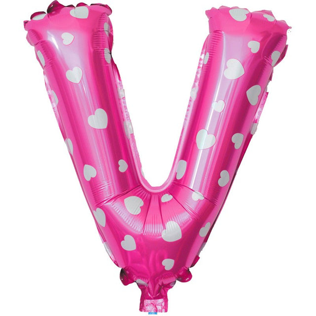 Balon Folie Metalizata Litera V, 40 Cm, Cu Imprimeu Inimioare, Umflati Cu Heliu Sau Aer, Ambalaj Individual, Pai Inclus - vivimall.ro
