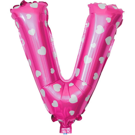 Balon Folie Metalizata Litera V, Vivimall, 40 cm, Cu Imprimeu Inimioare, Umflati cu Heliu sau Aer, Ambalaj Individual, Pai inclus, Roz - vivimall.ro