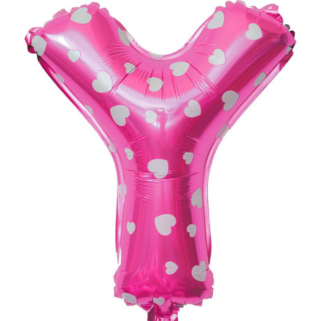 Balon Folie Metalizata Litera Y, Vivimall, 40 cm, Cu Imprimeu Inimioare, Umflati cu Heliu sau Aer, Ambalaj Individual, Pai inclus, Roz - vivimall.ro