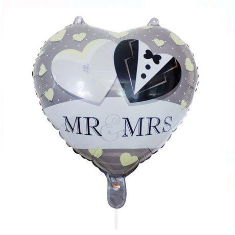 Balon din Folie Metalizata, Vivimall, Figurina Inima, Model Mr&Mrs, Tema Nunta, 45 cm, Ambalaj Individual, Pai Inclus, Umflare cu Aer sau Heliu, Gri - vivimall.ro