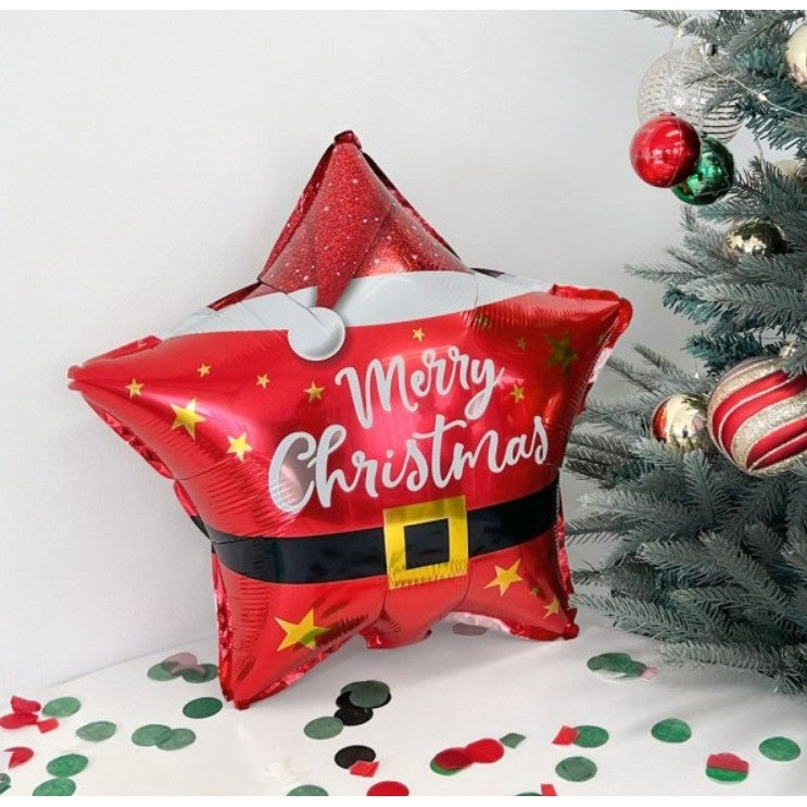 Detaliu balon stea Flippy roșu cu imprimeu Merry Christmas, folie aluminiu, 45x45 cm