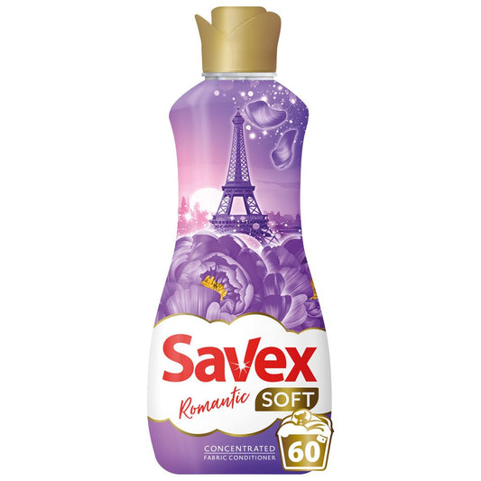 Balsam de rufe concentrat Savex Soft Romantic, flacon 1.5 litri pentru 60 de spălări, vedere frontală