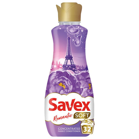 Balsam concentrat pentru rufe Savex Soft Romantic 800 ml, flacon alb-roz, 32 spălări, vedere frontală