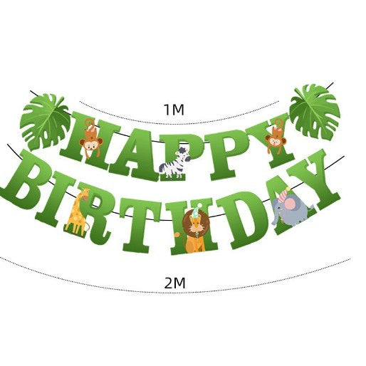 Banner Happy Birthday 100x200 cm, Vivimall, Rola de Ata Inclusa, Tematica Jungle, Verde - vivimall.ro
