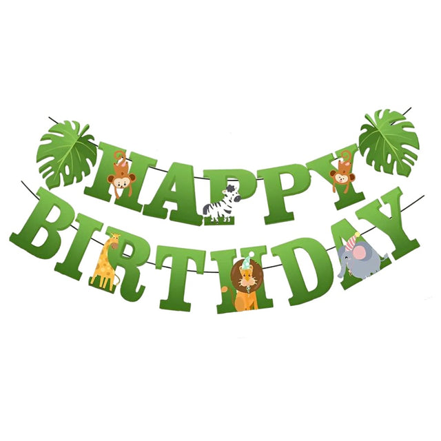 Banner Happy Birthday 100x200 cm, Vivimall, Rola de Ata Inclusa, Tematica Jungle, Verde - vivimall.ro