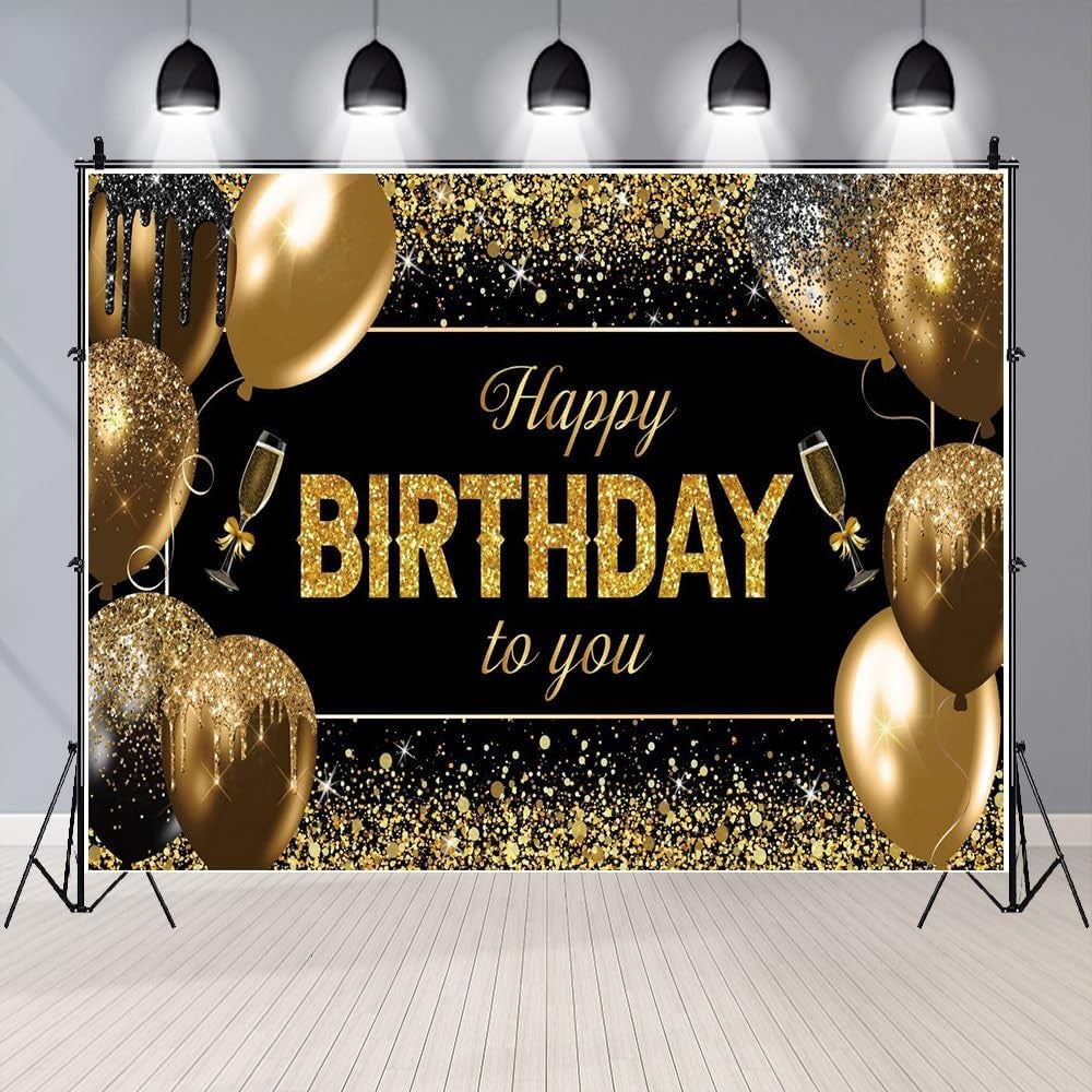 Banner Tip Fundal pentru Poze, Flippy, din Panza, 185 x 110 cm, Sfoara 6 m, Prindere in 4 Colturi, Happy Birthday to You, Negru/Auriu