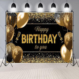 Banner Tip Fundal pentru Poze, Flippy, din Panza, 185 x 110 cm, Sfoara 6 m, Prindere in 4 Colturi, Happy Birthday to You, Negru/Auriu