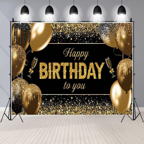 Banner Tip Fundal pentru Poze, Flippy, din Panza, 185 x 110 cm, Sfoara 6 m, Prindere in 4 Colturi, Happy Birthday to You, Negru/Auriu