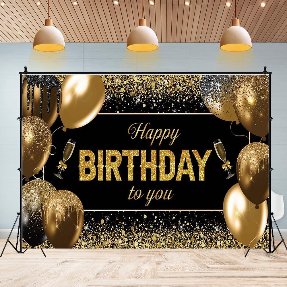 Banner Tip Fundal pentru Poze, Flippy, din Panza, 185 x 110 cm, Sfoara 6 m, Prindere in 4 Colturi, Happy Birthday to You, Negru/Auriu