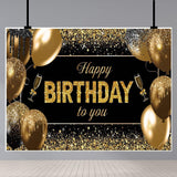 Banner Tip Fundal pentru Poze, Flippy, din Panza, 185 x 110 cm, Sfoara 6 m, Prindere in 4 Colturi, Happy Birthday to You, Negru/Auriu