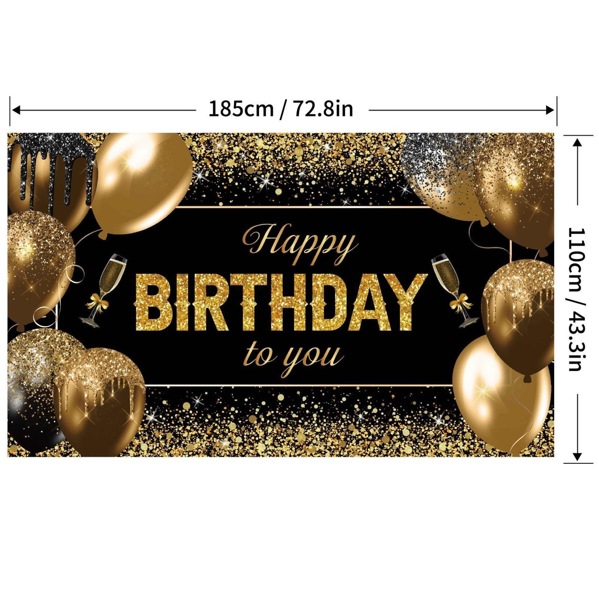Banner Tip Fundal pentru Poze, Flippy, din Panza, 185 x 110 cm, Sfoara 6 m, Prindere in 4 Colturi, Happy Birthday to You, Negru/Auriu