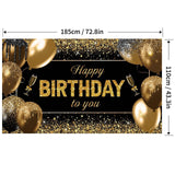 Banner Tip Fundal pentru Poze, Flippy, din Panza, 185 x 110 cm, Sfoara 6 m, Prindere in 4 Colturi, Happy Birthday to You, Negru/Auriu