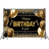 Banner Tip Fundal pentru Poze, Flippy, din Panza, 185 x 110 cm, Sfoara 6 m, Prindere in 4 Colturi, Happy Birthday to You, Negru/Auriu