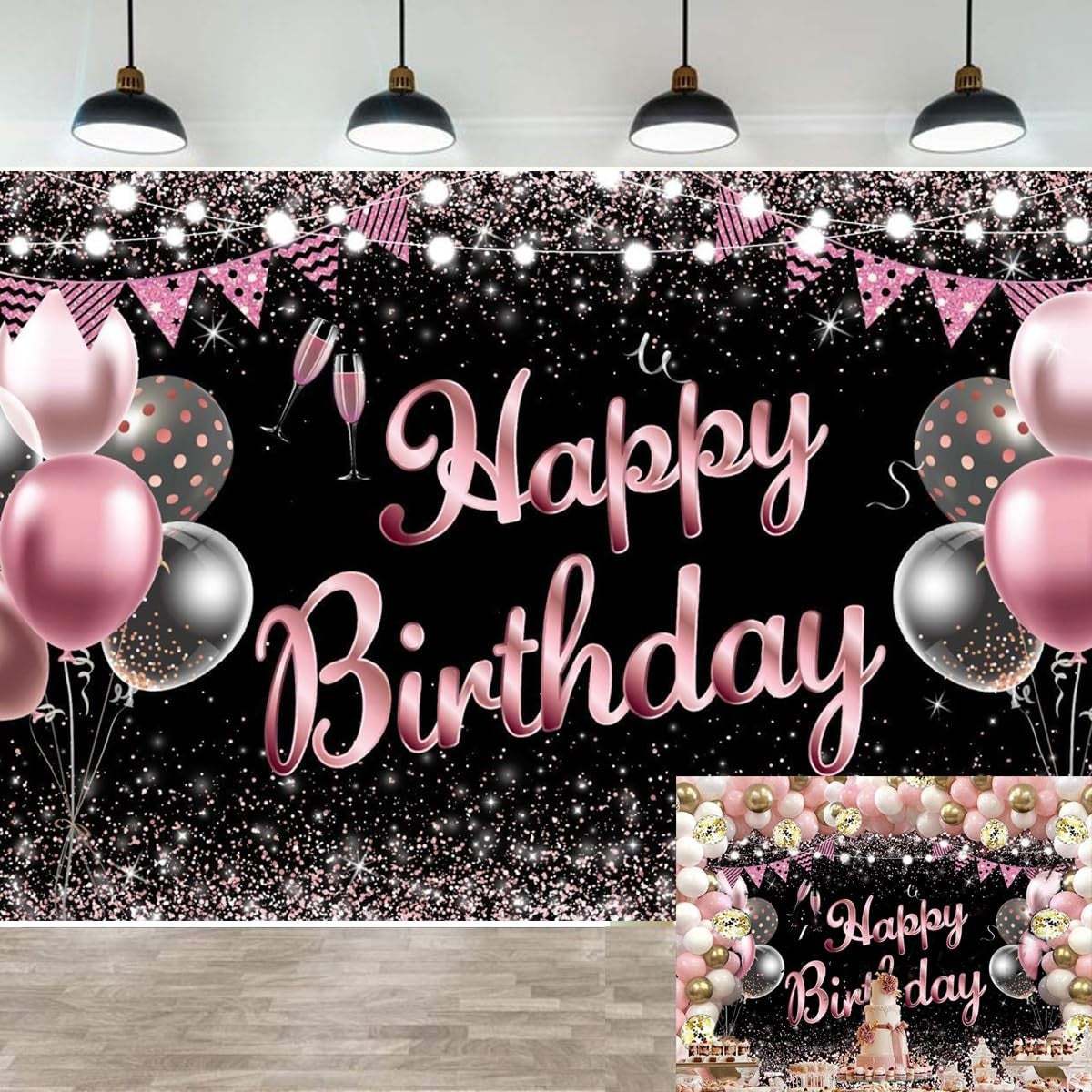 Banner Tip Fundal pentru Poze, Vivimall, din Panza, 185 x 110 cm, Sfoara 6 m, Prindere in 4 Colturi, Negru/Roz - vivimall.ro