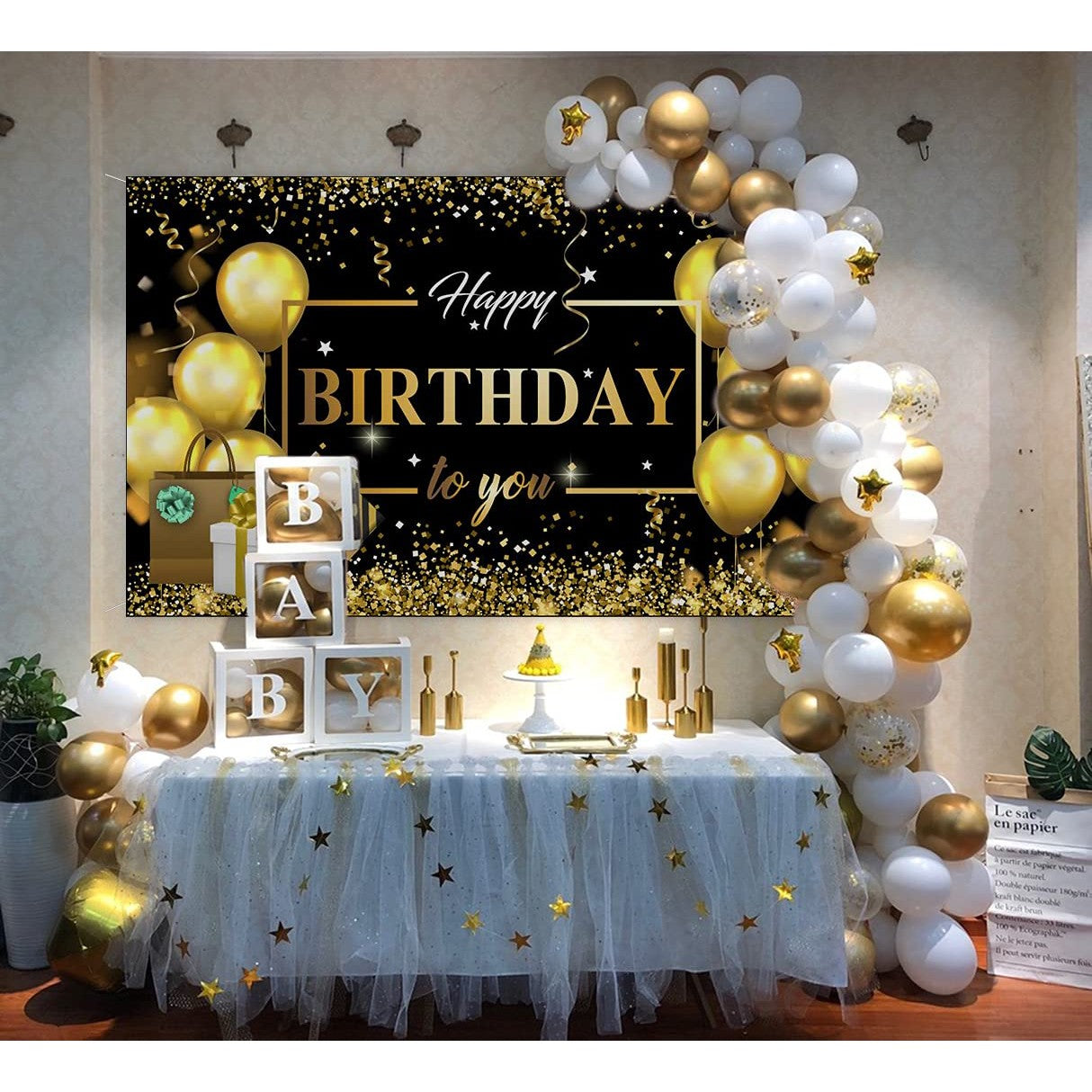 Banner Tip Fundal pentru Poze, Flippy, din Panza, Model Happy Birthday to You, 185 x 110 cm, Sfoara 6 m, Prindere in 4 Colturi, Negru/Auriu - vivimall.ro