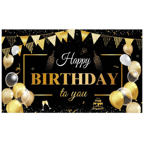 Fundal foto Happy Birthday din pânză poliester, 185×110 cm, design negru cu accente aurii, vedere frontală